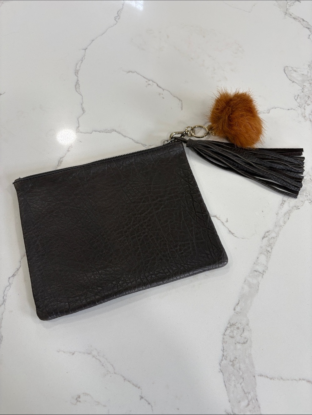 Black Leather Zip Pouch with Tassel & Fur Pom Keychain